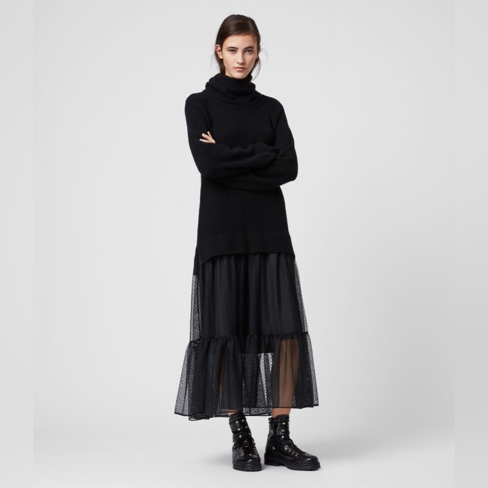 All Saints Black Turtleneck Dress with Sheer Layer